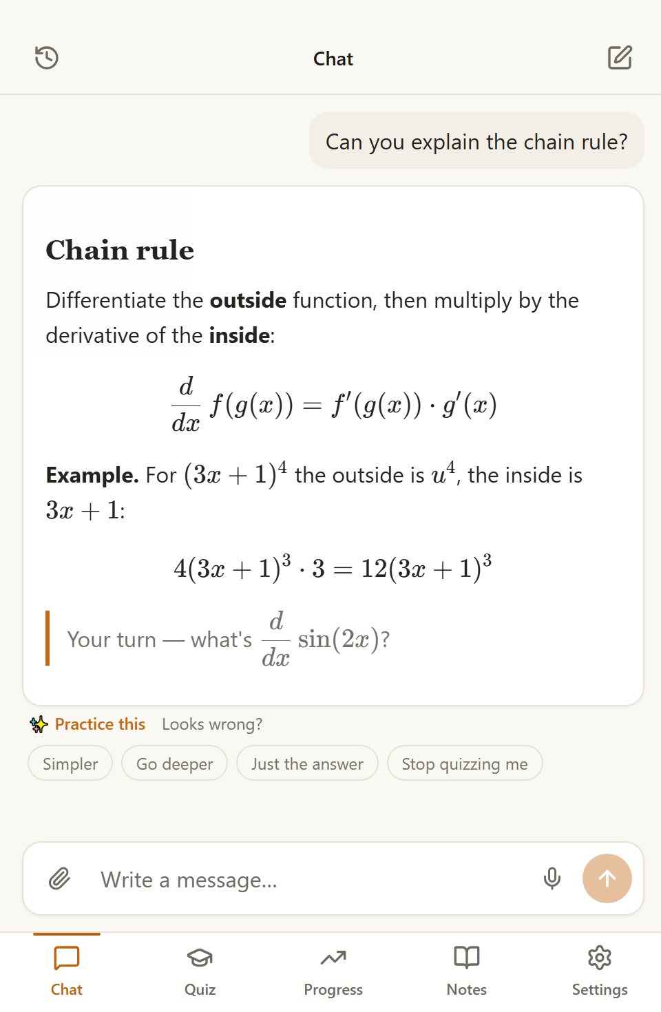 Learning the chain rule with Rae — a worked example and a question back to you, with steering controls and the bottom tab bar